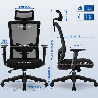 Office Chair, Ergonomic Office Chair With Adjustable Headrest, Lumbar Support, Height-adjustable Swivel Chair, Back-friendly Chair With Up To 135° Tilt Angle, Office Chair For 180 Kg, Black.