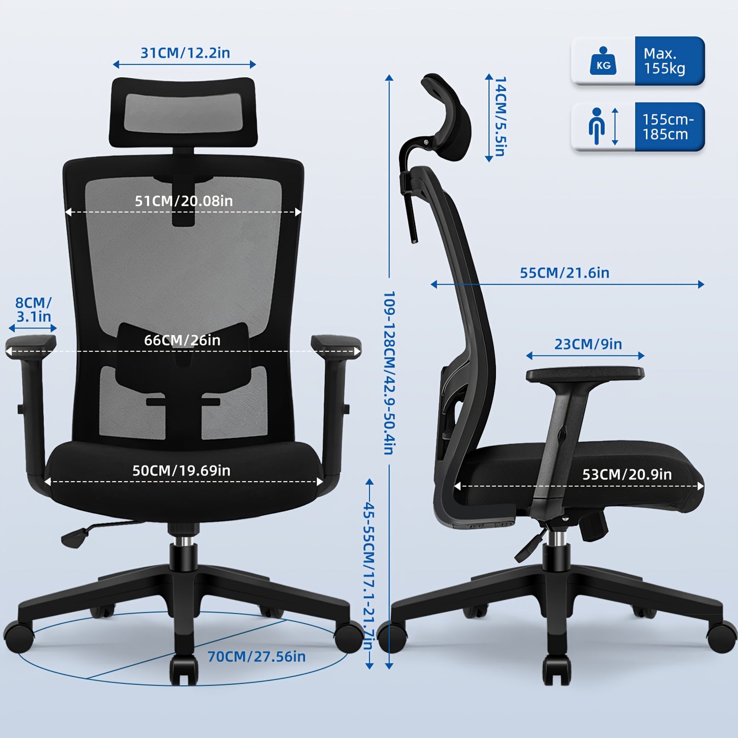 Bureaustoel – Ergonomische Stoel – Office Chair – Draaistoel – Bureaustoelen – Verstelbare Hoofdsteun – Lendensteun – 135° Kantelbaar – Geschikt Tot 180 Kg – Zwart