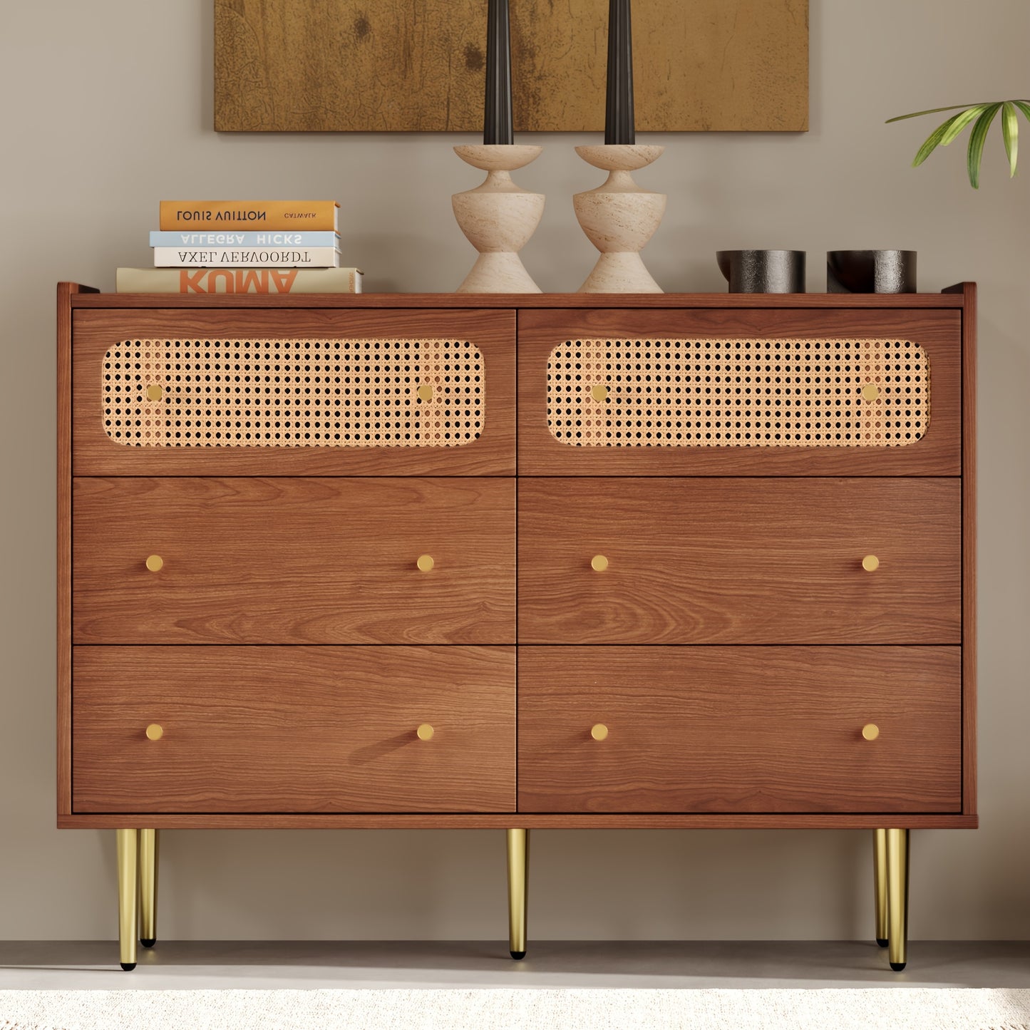 Ladekast – Ladenkast – Dressoir – Opbergkast – Kast – Walnoot Kleur – 6 Ruime Lades – Massief Hout Met Rattan Zijkanten