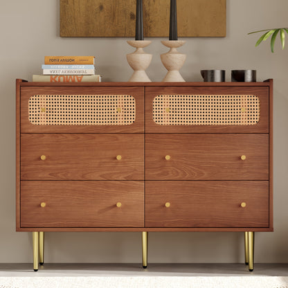 Ladekast – Ladenkast – Dressoir – Opbergkast – Kast – Walnoot Kleur – 6 Ruime Lades – Massief Hout Met Rattan Zijkanten
