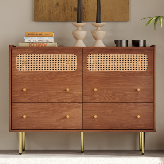Ladekast – Ladenkast – Dressoir – Opbergkast – Kast – Walnoot Kleur – 6 Ruime Lades – Massief Hout Met Rattan Zijkanten