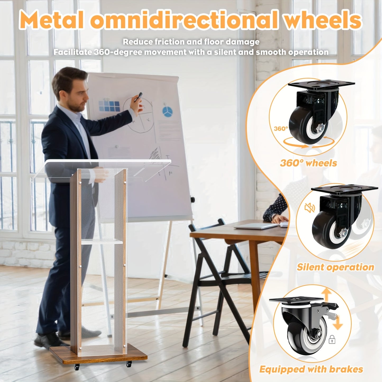 Spreekgestoelte – Lessenaar – Podium – Presentatietafel – Katheder – Hout en Acryl – Voorzien Van 4 Wieltjes – 2 Ruime Opbergladen