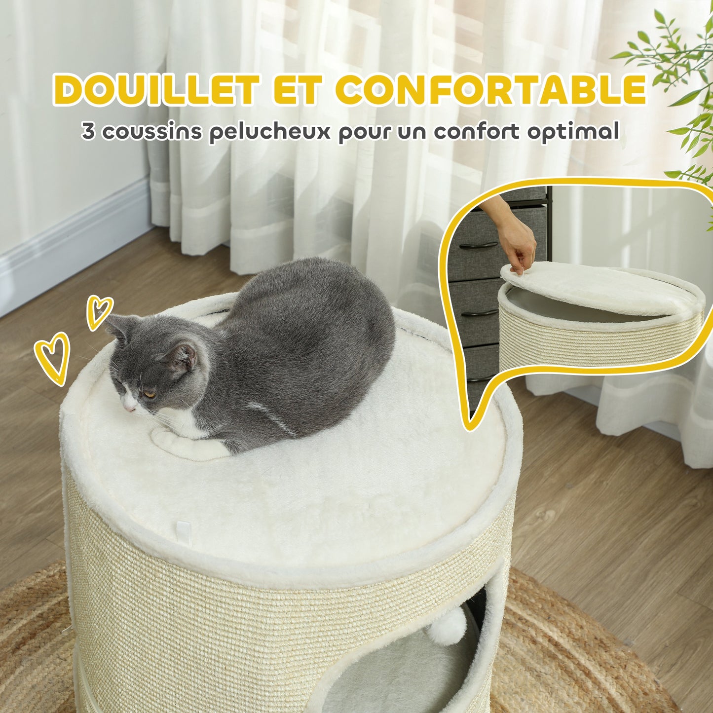Kattenhut – Kattenhuis – Kattenkooi – Krabton – Kattenhuisje – Modulaire Ontwerp – Sisal Krabvlak – 3 Niveaus – Creme Wit