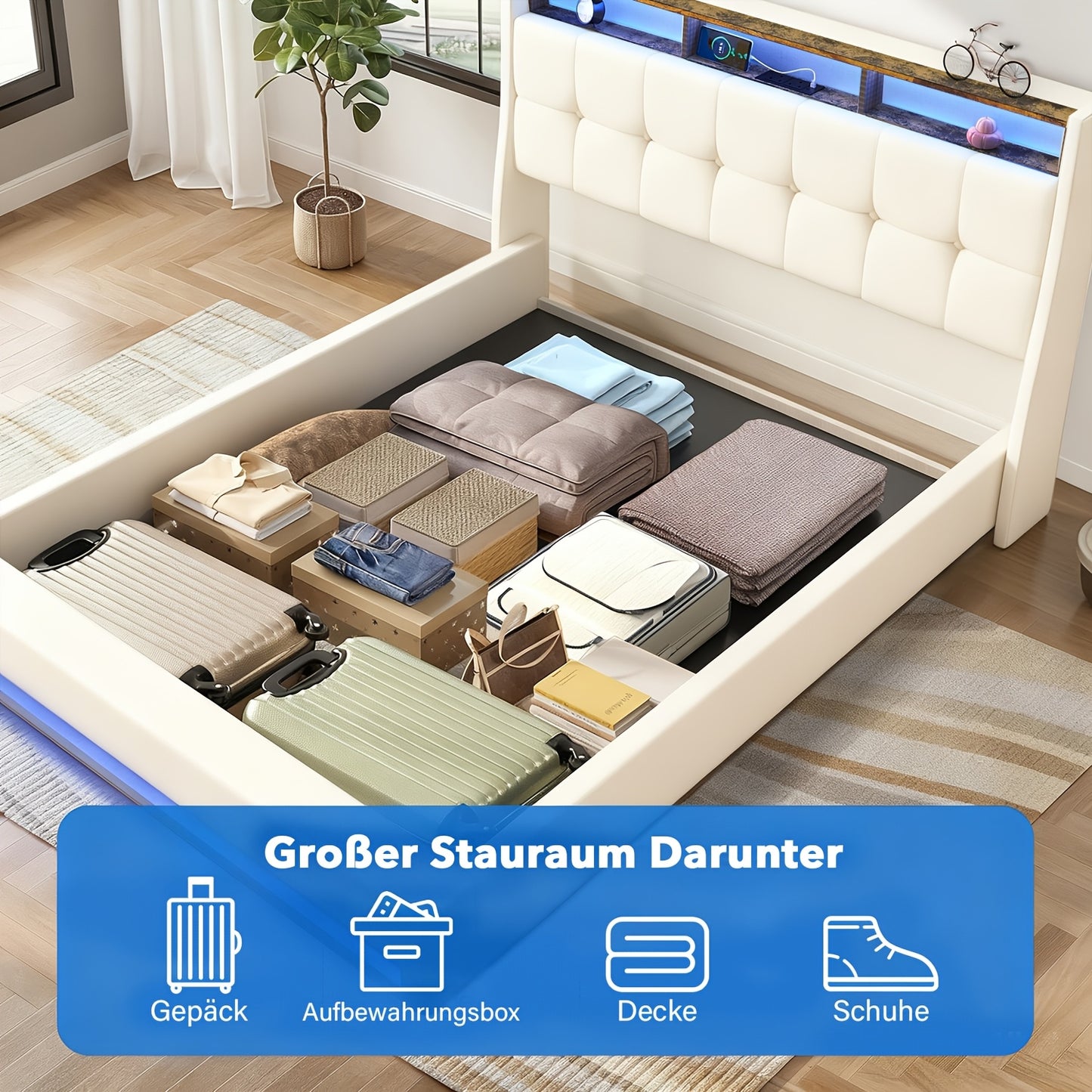 Linnen Bedframe – Tweepersoonsbed – Opbergbed – Slaapkamerbed – Ottoman Bed – 140x200 cm – Hydraulische Lift – USB LED Hoofdbord Verlichting