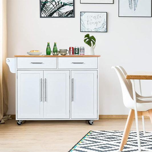 Keukentrolley – Keukenwagen – Werkplek Trolley – Servierwagen – Opbergwagen – Wieltjes Met Rem – 2 Lade + 2 Verstelbare Planken – Houten Compact Model 122x46x93 cm