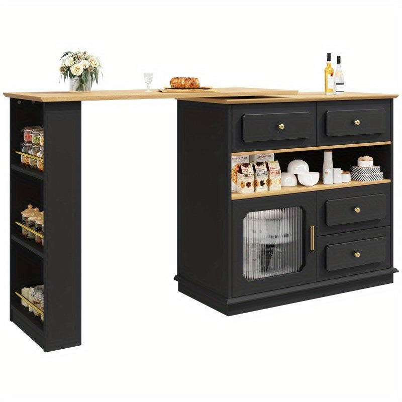 Bartafel – Statafel – Barmeubel – Keukentafel – Eettafel – Uitschuifbaar 125-181 cm – 360° Draaibaar – Metaal & MDF – Met Opbergruimte – Zwart – Voor Horeca & Thuis