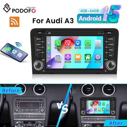 PODOFO [4G+64G] Android 15 7-inch for Audi A3 8P S3 RS3 Sportback 2003-2012, Wireless Carplay/ Android Auto, Android EQ AI DSP/ GPS/ WiFi/ B/ T5.0/ FM/ Mirror Link, A Perfect Gift for Dad, Merry Christmas Gifts, Black Friday