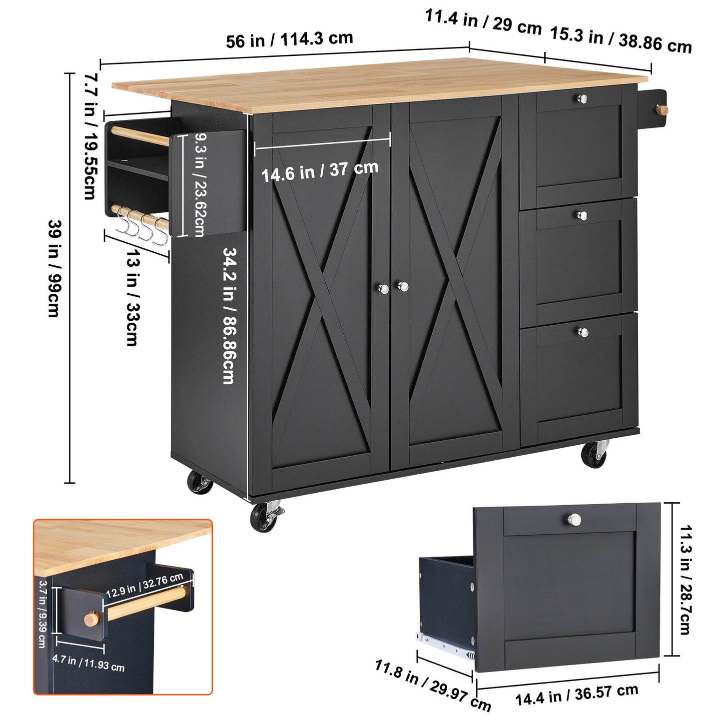 Keukenwagen – Keukentrolley – Serveerwagen – Keukenstation – Opbergkast – Mobiel met Wieltjes – Hoogwaardig Rubberwood Werkblad – Uitklapbaar Blad voor Extra Tafelruimte