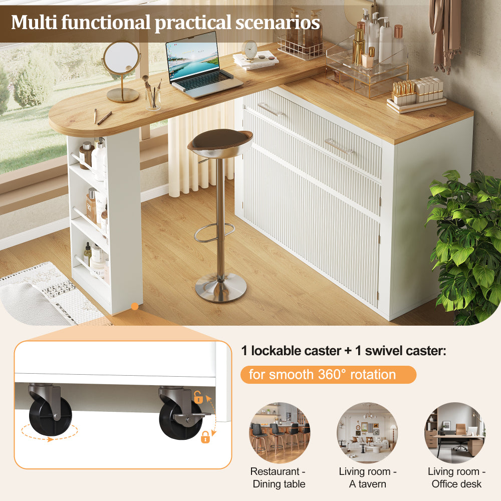 Extendable Bar Table with Storage Space (137-215 × 39 × 102.3cm), Modern Mobile Bar Table, Extendable Bar Table with One Drawer and Two Shelves, Tall Kitchen Island Dining Table, White
