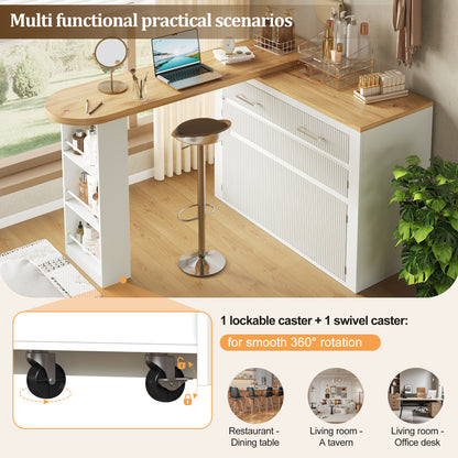 Extendable Bar Table with Storage Space (137-215 × 39 × 102.3cm), Modern Mobile Bar Table, Extendable Bar Table with One Drawer and Two Shelves, Tall Kitchen Island Dining Table, White