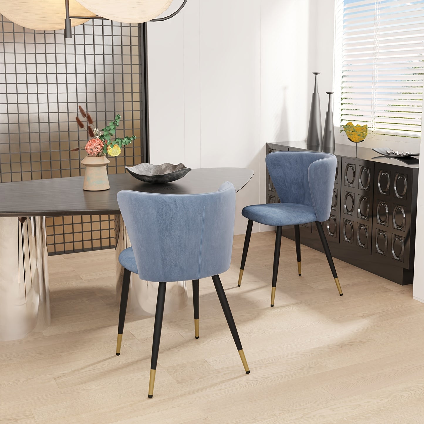 Set van 2 Ergonomische Fluwelen Eetkamerstoelen – Blauwe Stoelen met Zachte Bekleding en Metalen Poten – Grote Rugleuning, Elegant Ontwerp, Geen Montage Nodig – Perfect voor Thuis of Restaurant