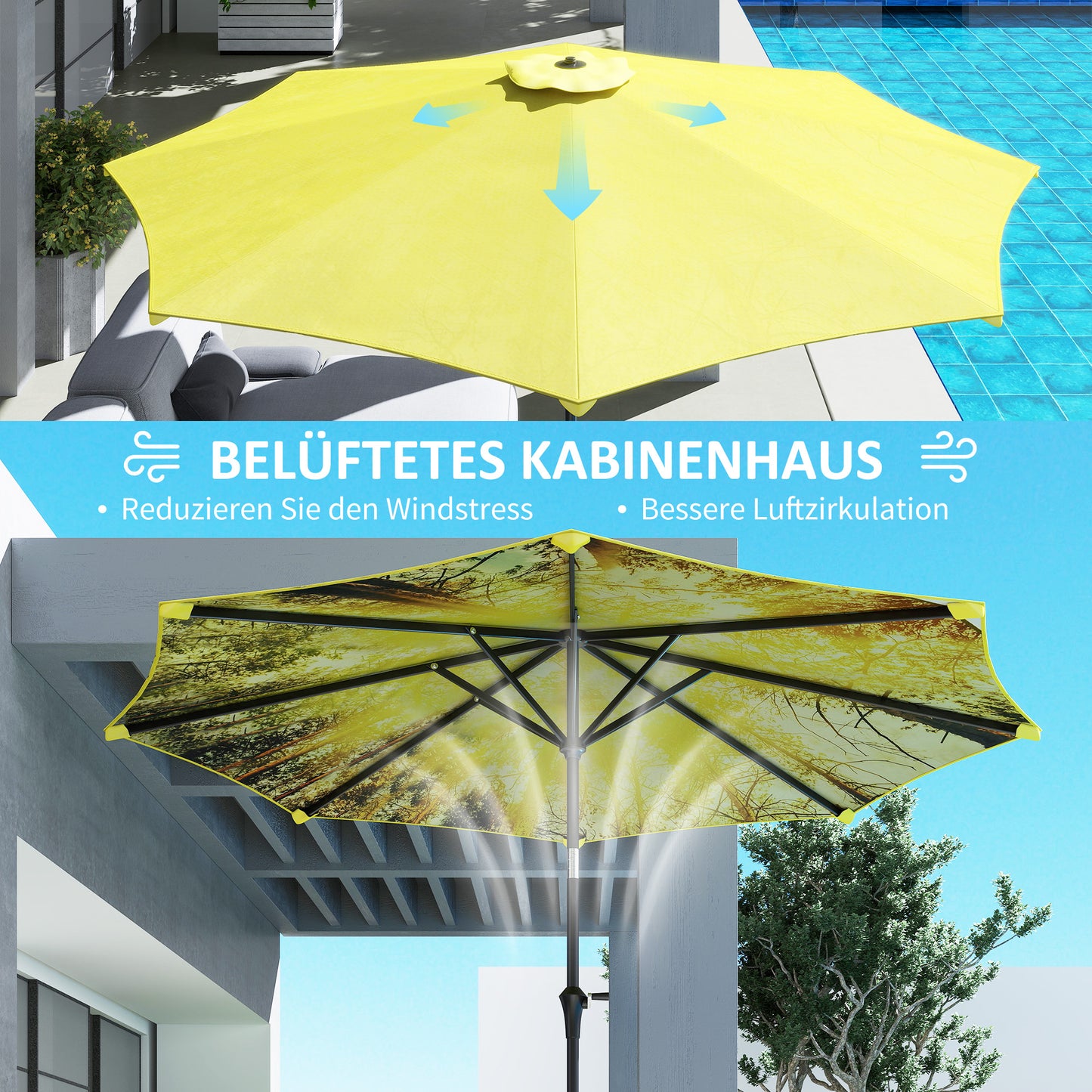 Balkonparasol Octogonaal – Zonnescherm – Tuinparasol – Schaduwzeil – Parasol Ø300 cm – Handkurk Bediening – Ventilerende Gele Polyester Kap