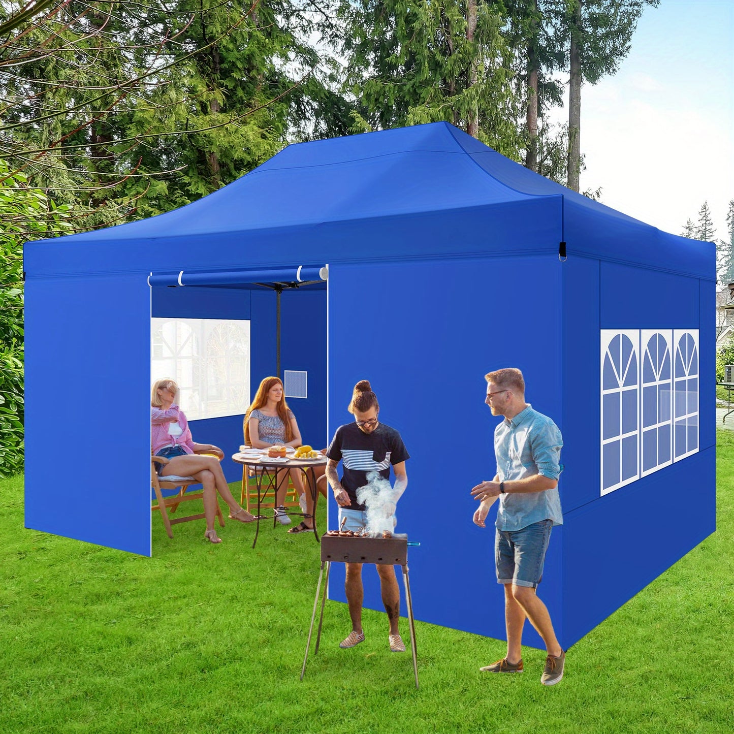 Pop-up Partytent – Tent Overkapping Canopy Vouwtent – 3x4,5m – Blauw – 4 Zijwanden – Verstelbare Hoogte – Waterafstotend Polyester
