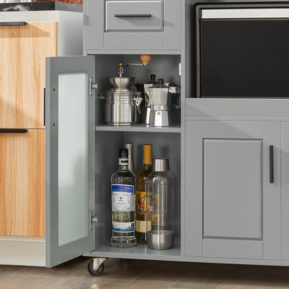 Keukenkastje op Wielen – Keukentrolley – Opbergkast – Servieskast – Rollende Kast – Verstelbare Plank – Grijs MDF & Glas – Draagkracht 60 kg
