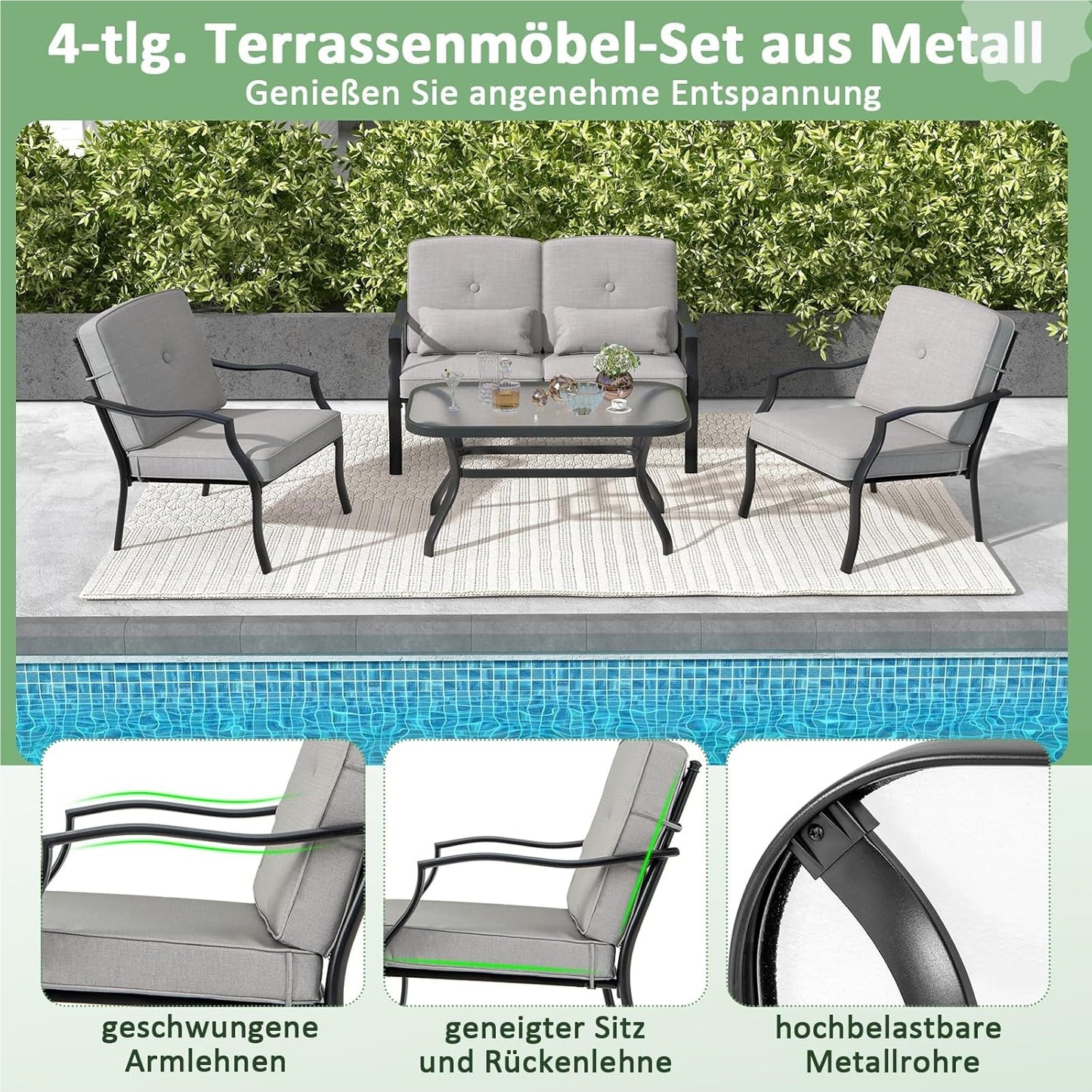 Tuinmeubelset – Loungeset – Tuinbank – Tuinstoelen – Salontafel – Zwart Metalen Frame – Comfortabele Grijze Kussens