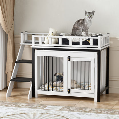 Hondenhok – Hondenhuis – Hondenkennel – Huisdierhuis – Hondenbench – Dubbel Houten Huisje Met Trap – Geschikt Voor Middelgrote En Grote Honden – Duurzaam Wit Design 120x56x65 cm