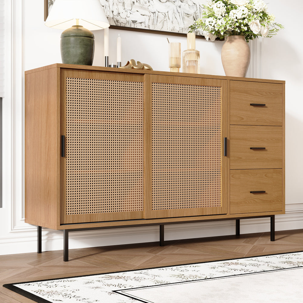 Modern Rustic Sliding Door Sideboard Cabinet with 2 Doors & 3 Adjustable Shelves - Large Storage Non-Wood Brown, Black Frame Buffet for, Dining Area - 140cm Wide Contemporary Furniture (Easy Assembly Required)