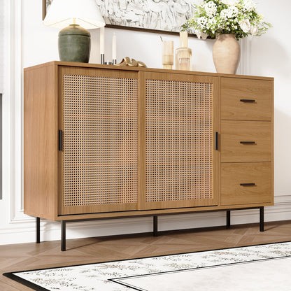Modern Rustic Sliding Door Sideboard Cabinet with 2 Doors & 3 Adjustable Shelves - Large Storage Non-Wood Brown, Black Frame Buffet for, Dining Area - 140cm Wide Contemporary Furniture (Easy Assembly Required)