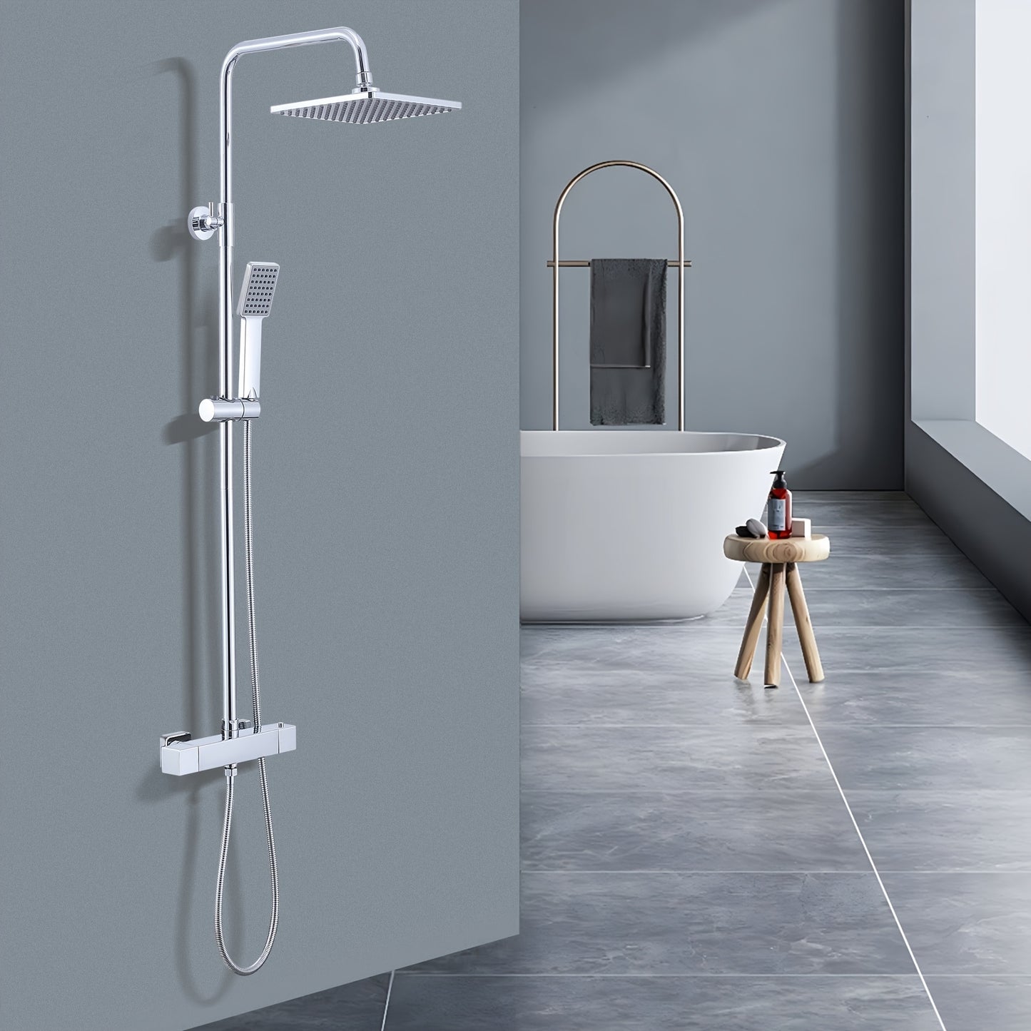 1 Set Modern Thermostatic Shower System with Rain Shower Head & Handheld Attachment - Stainless Steel & Chrome Plated, Wall-Mounted Outdoor/ Shower Set, 2-in-1 Water Modes (Rainfall & Spray), Temperature Control for Bathroom/