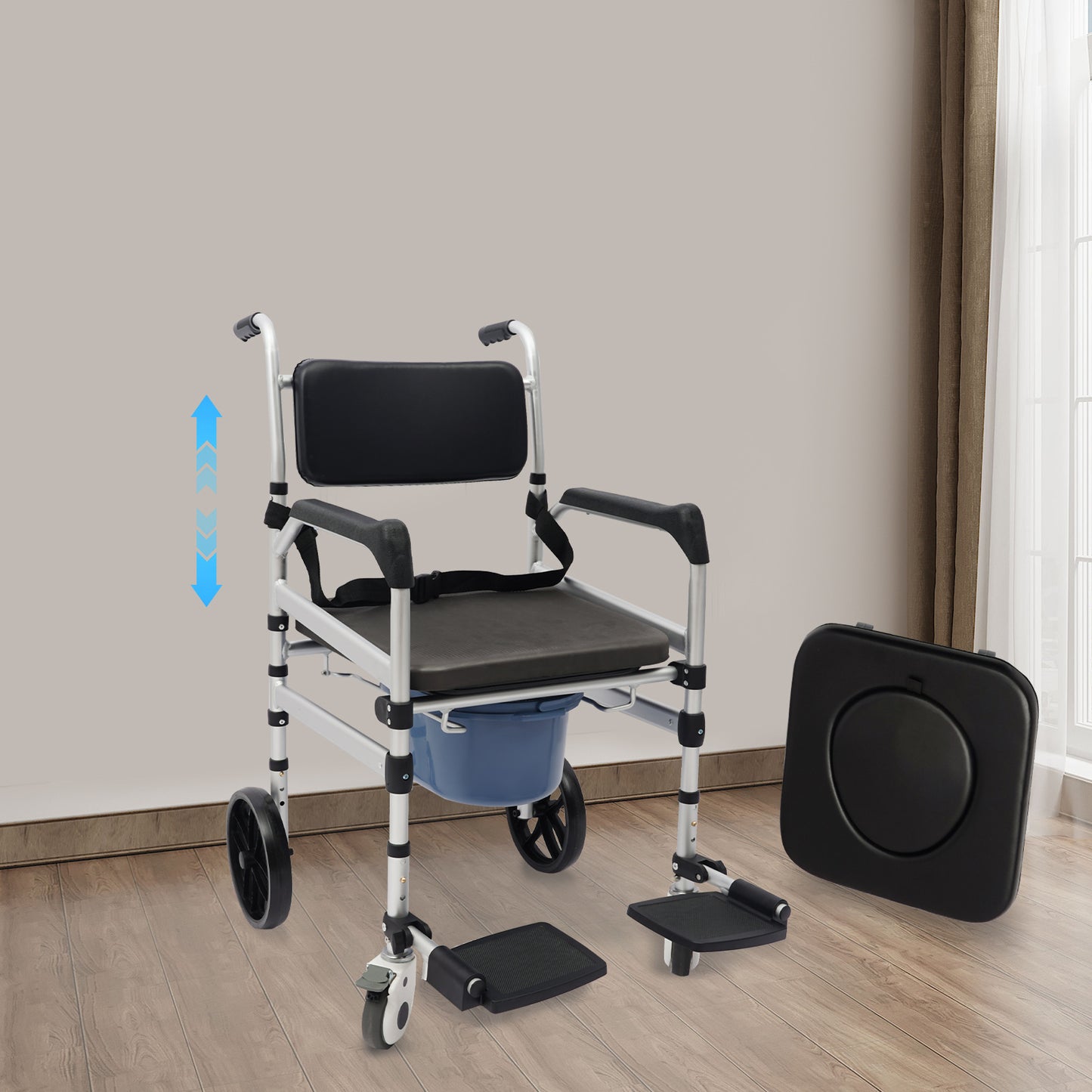 Opvouwbare Douchezit – Douchekruk – Toiletstoel – Mobiliteitsstoel – Douchehulp – Verstelbare Zithoogte – Aluminium Frame Met Wieltjes – Zwart-Zilver