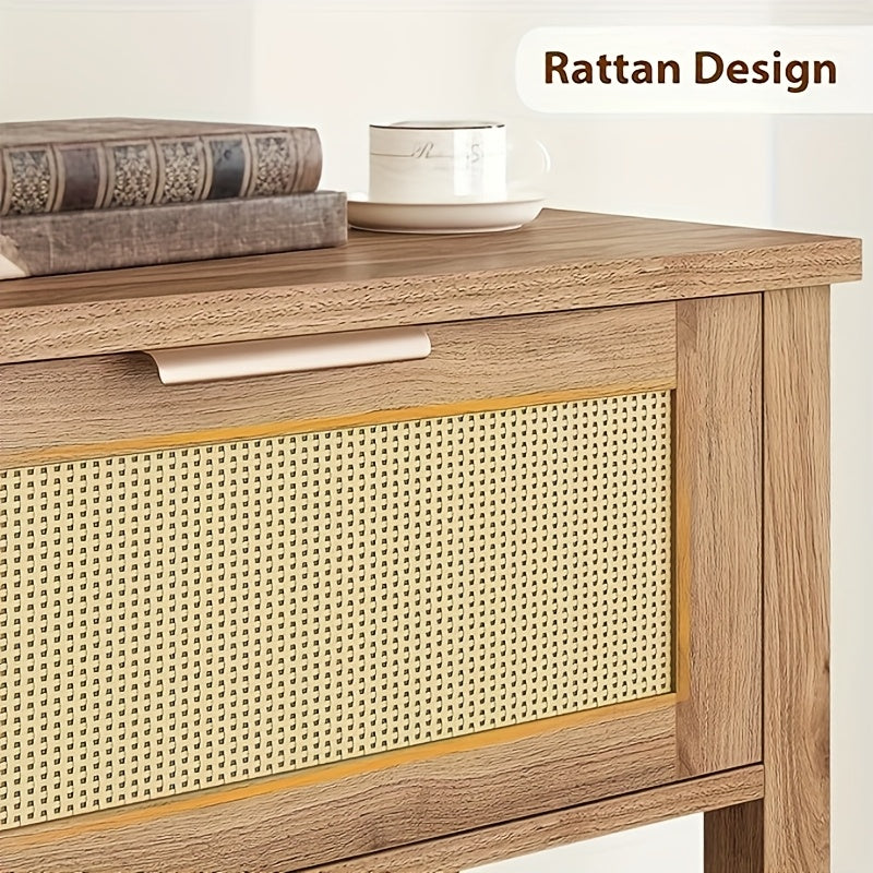 Haltafel – Sidetable – Console Tafel – Sofa Tafel – Rattan Bijzettafel – Boho Design – 2 Laden – Caramel Eikenhout