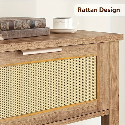 Haltafel – Sidetable – Console Tafel – Sofa Tafel – Rattan Bijzettafel – Boho Design – 2 Laden – Caramel Eikenhout
