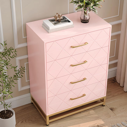 Nachtkastje – Ladekast – Bijzettafel – Opbergkast – Kast – Roze – 4 Lades – Hout – 69 cm Hoog – Gouden Handgrepen – Modern Minimalistisch Design