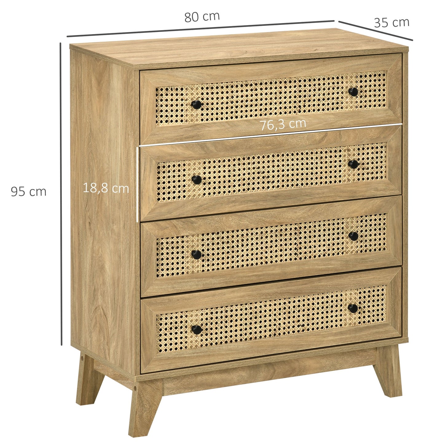 Commode – Ladekast – Dressoir – Opbergkast – Kast – 4 Lades – MDF Met Rattan Front – 80x35x95 cm – Licht Hout Effect