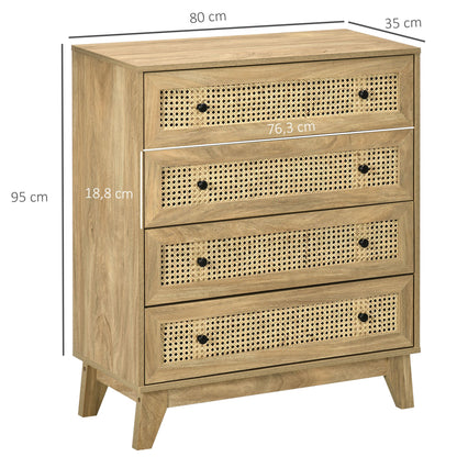 Commode – Ladekast – Dressoir – Opbergkast – Kast – 4 Lades – MDF Met Rattan Front – 80x35x95 cm – Licht Hout Effect
