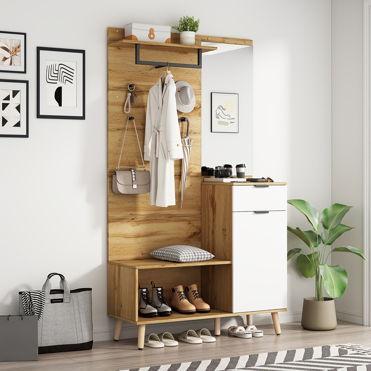 Kledingkast – Garderobekast – Opbergkast – Draaideurkast – Schoenenkast – Hout – Spiegel – Schoenenbank – 190 cm Hoog – Hydraulische Scharnieren – Multifunctioneel Design