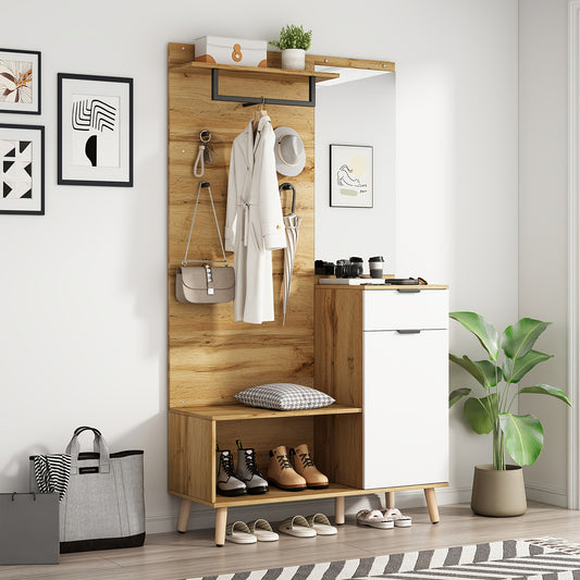 Kledingkast – Garderobekast – Opbergkast – Draaideurkast – Schoenenkast – Hout – Spiegel – Schoenenbank – 190 cm Hoog – Hydraulische Scharnieren – Multifunctioneel Design