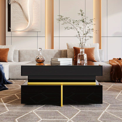 Salontafel – Koffietafel – Tafeltje – Woonkamertafel – Middelpunt – Zwart Hoogglans Met Gouden Accenten – 2 Opberglades – Massief Hout 70x35,5x70 cm – Geen Montage