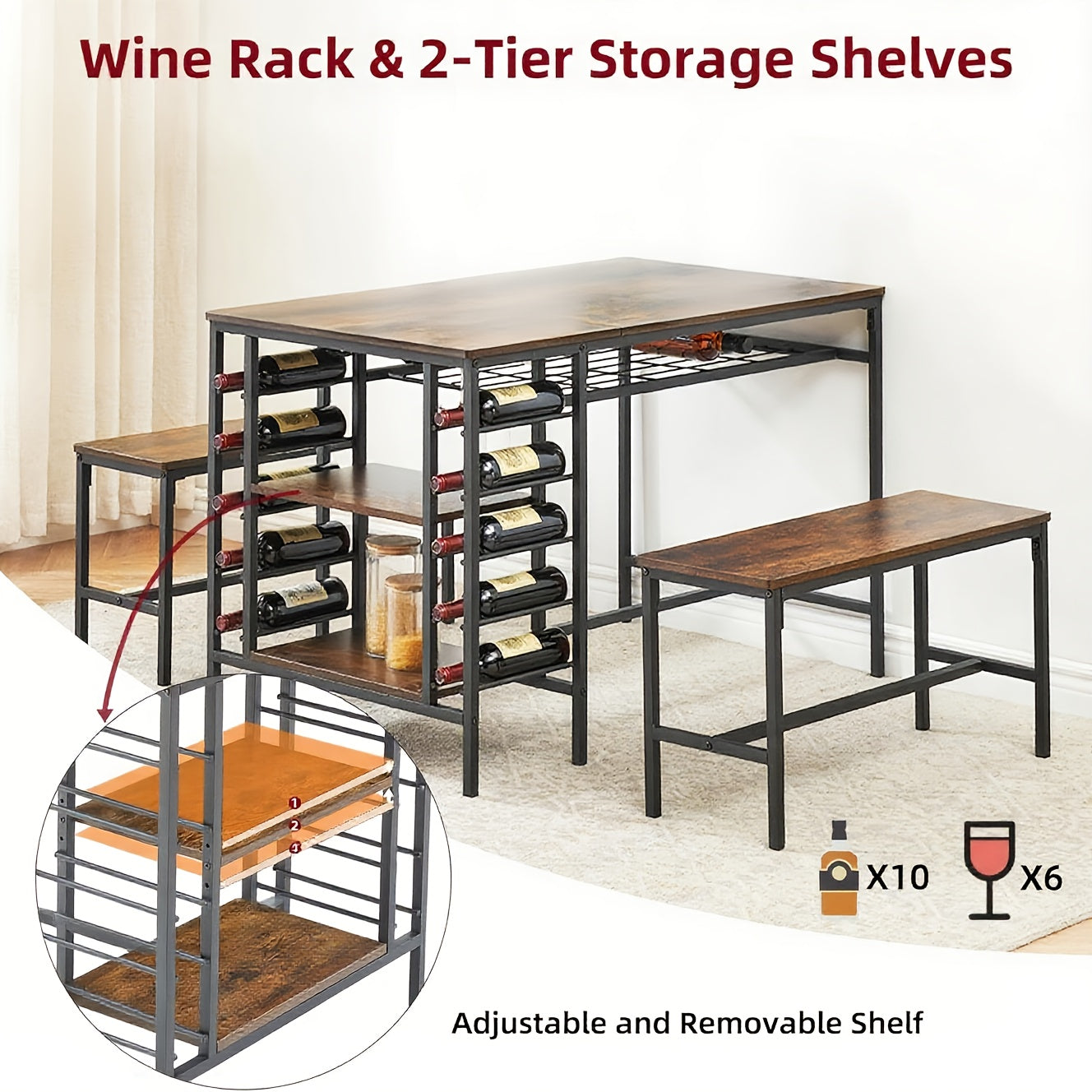 Eettafelset voor 4 Personen – Eettafel met Banken – Keukentafel – Dinette – Tafel met Opbergruimte – Zwart – Inclusief Wijnrek en Compact Ontwerp