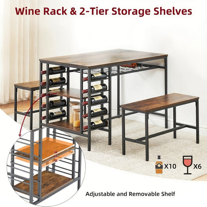 Eettafelset voor 4 Personen – Eettafel met Banken – Keukentafel – Dinette – Tafel met Opbergruimte – Zwart – Inclusief Wijnrek en Compact Ontwerp