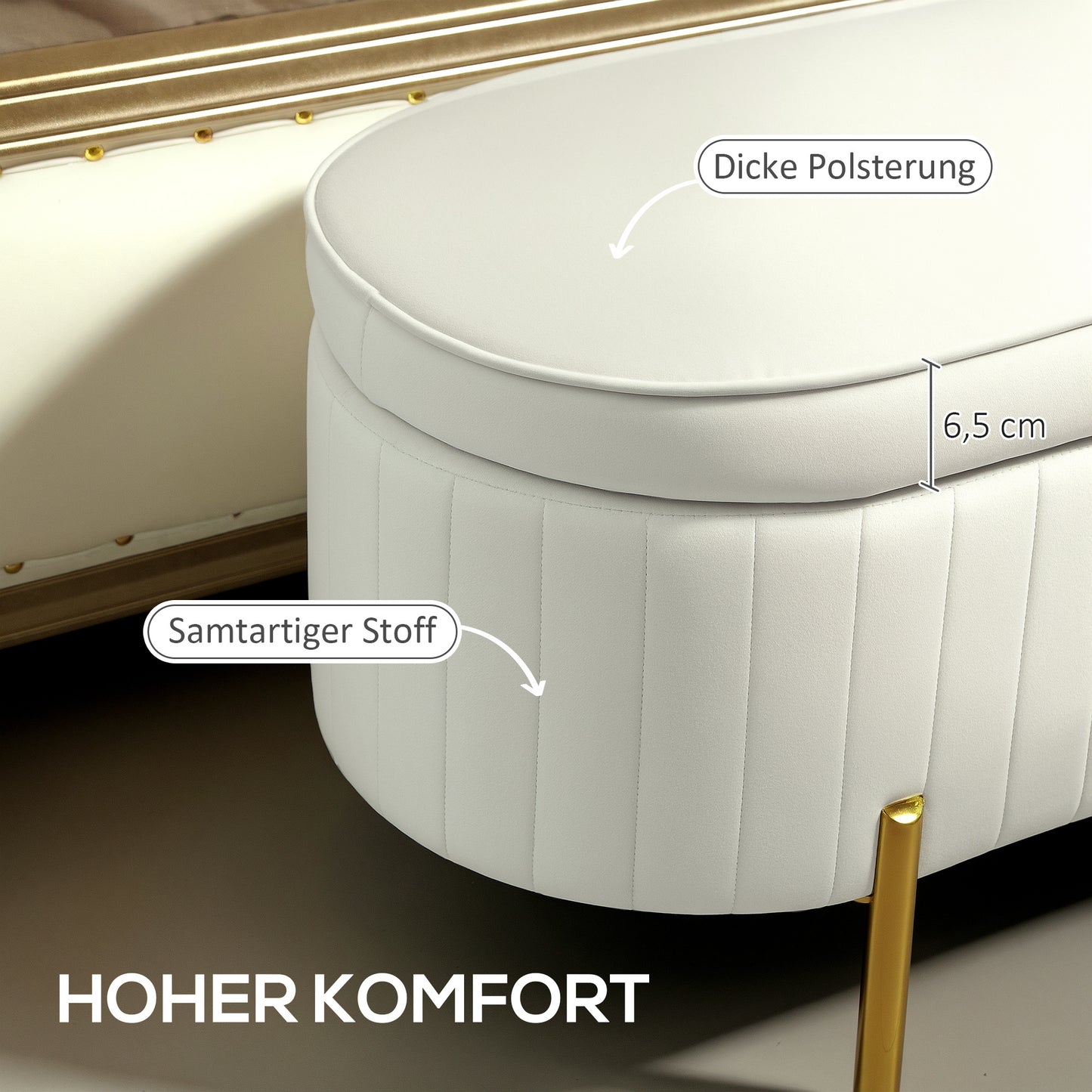 Opbergbank – Opbergbank – Zitbank – Opbergkist – Bankje – Crèmewit Met Goudkleurige Poten – 72L Opbergruimte – Comfortabel Fluweelstoffering