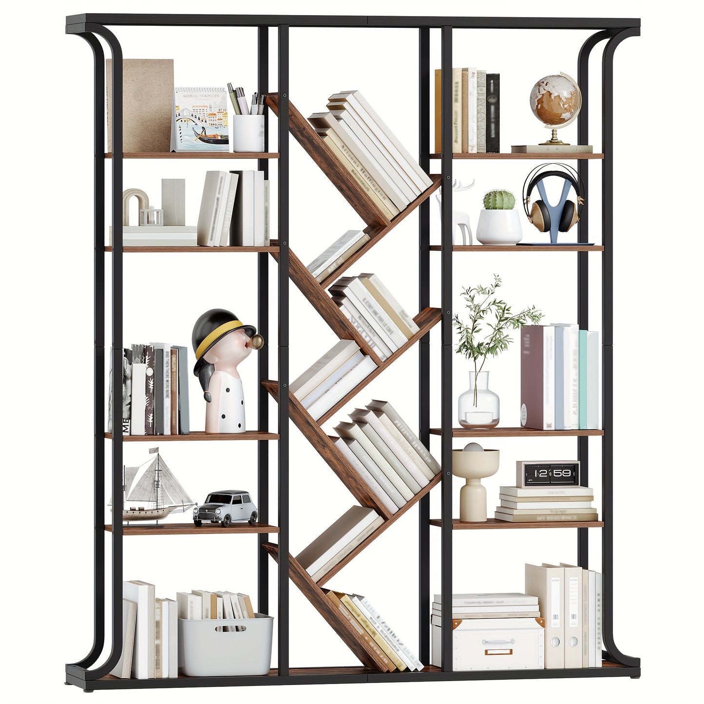 Bookshelf, 3 Columns 6 Tier Tree-Shaped Bookcase, 17 Compartments Open Independent Shelves, for Home Office, Bedroom, Living Room, 24 X 156 X 180cm