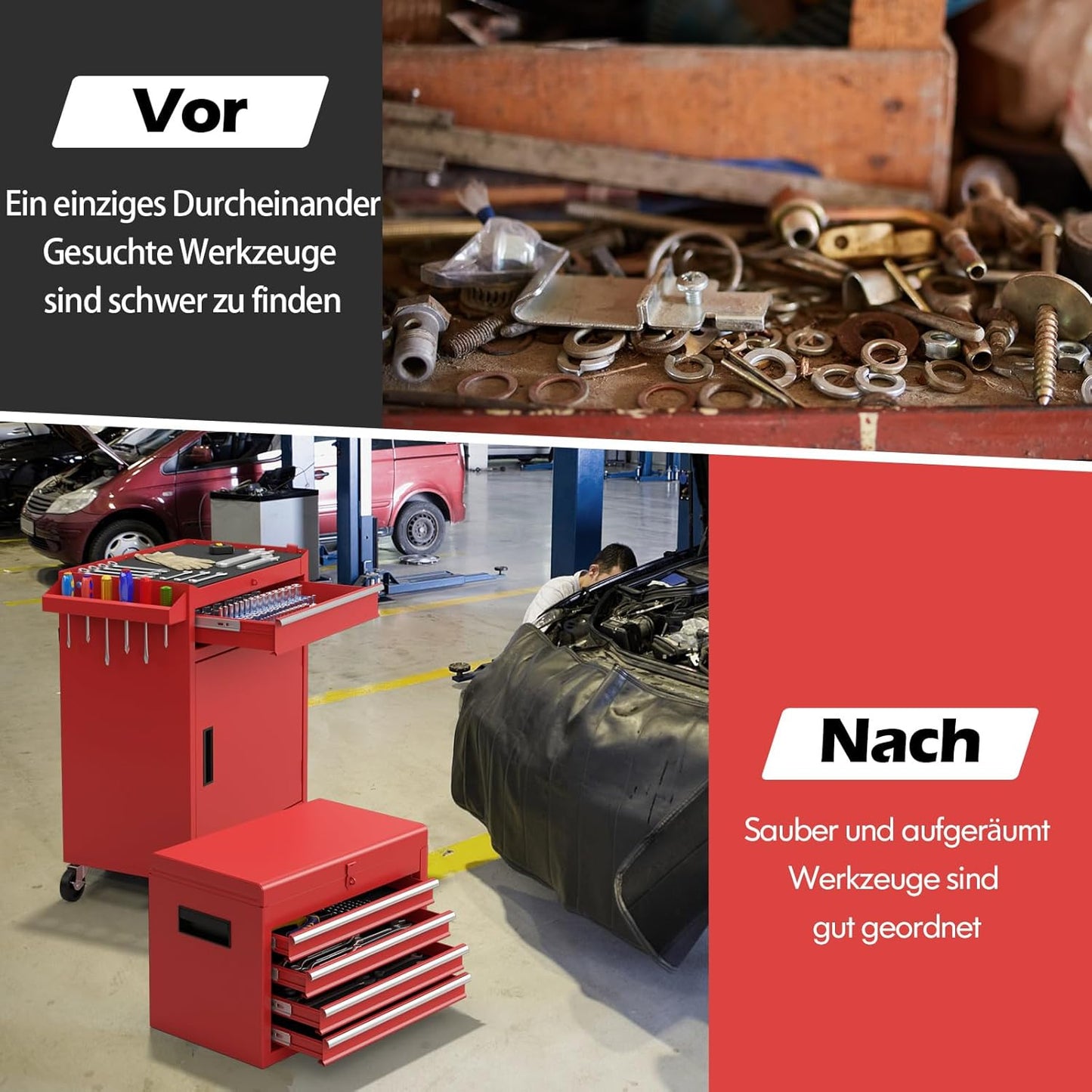 Werkplaatswagen – Gereedschapswagen – Opbergwagen – Toolcart – Werkplaatskast – 2-in-1 Afneembare Bovenkast – Verstelbare Schappen – Metalen Constructie – 100 kg Belastbaar – Mobiel Met 4 Zwenkwielen – Rood – 59x28x102 cm