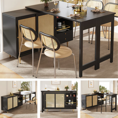 Elegant Black Extendable Bar Table with 360° Rotating Design, Rattan Door & Open Shelf Storage - Ideal for Kitchen & Dining Room, Contemporary Hardwood Construction, Kitchen Bar Table|Contemporary Bar Table|Glass Top Table,