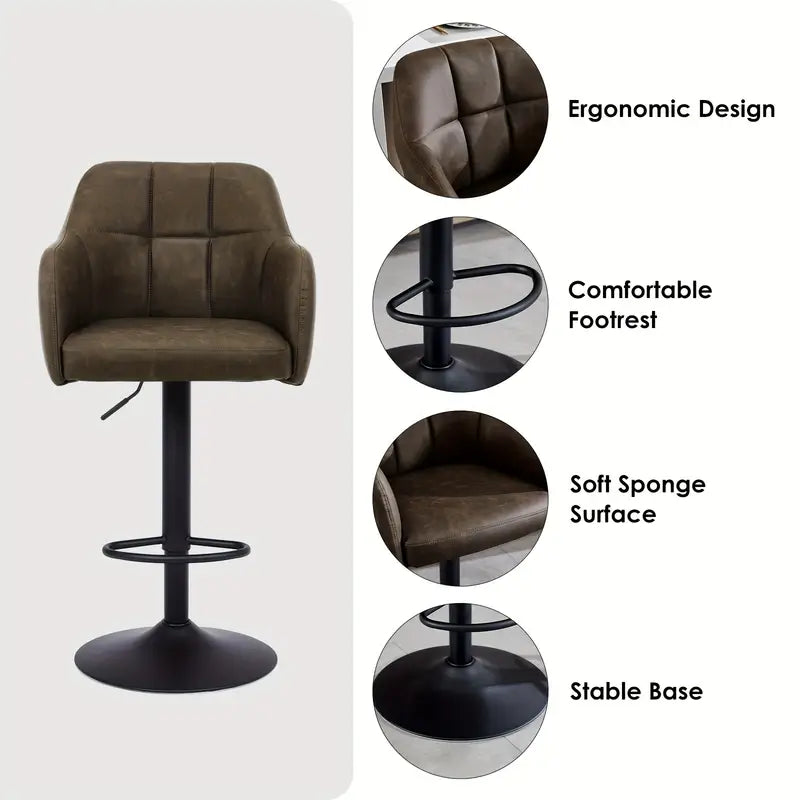 Barkruk – Barstoel – Keukenstoel – Barkrukken Set – Barstoelen Set – Verstelbaar – Draaibaar 360° – Met Armleuningen – Met Memory Foam Zitting – Zwaar Metalen Frame – Bruin Stof – Set van 2