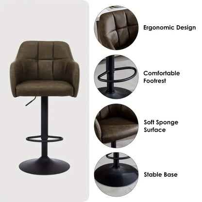 Barkruk – Barstoel – Keukenstoel – Barkrukken Set – Barstoelen Set – Verstelbaar – Draaibaar 360° – Met Armleuningen – Met Memory Foam Zitting – Zwaar Metalen Frame – Bruin Stof – Set van 2