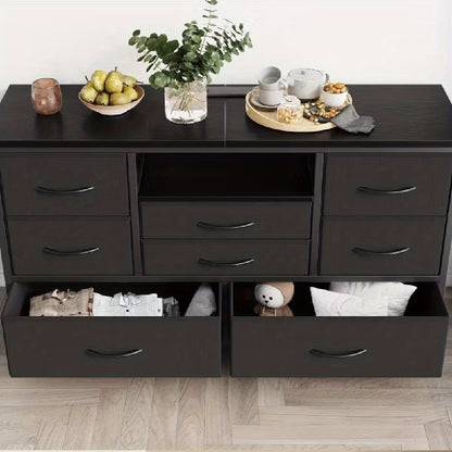 Ladekast – Ladenkast – Dressoir – Tv-meubel – 8 Lades Zwart Met Houtnerf – Geschikt Voor Tv Tot 139,7 Cm – MDF En Carbonstaal – Compact 120x37x75 Cm