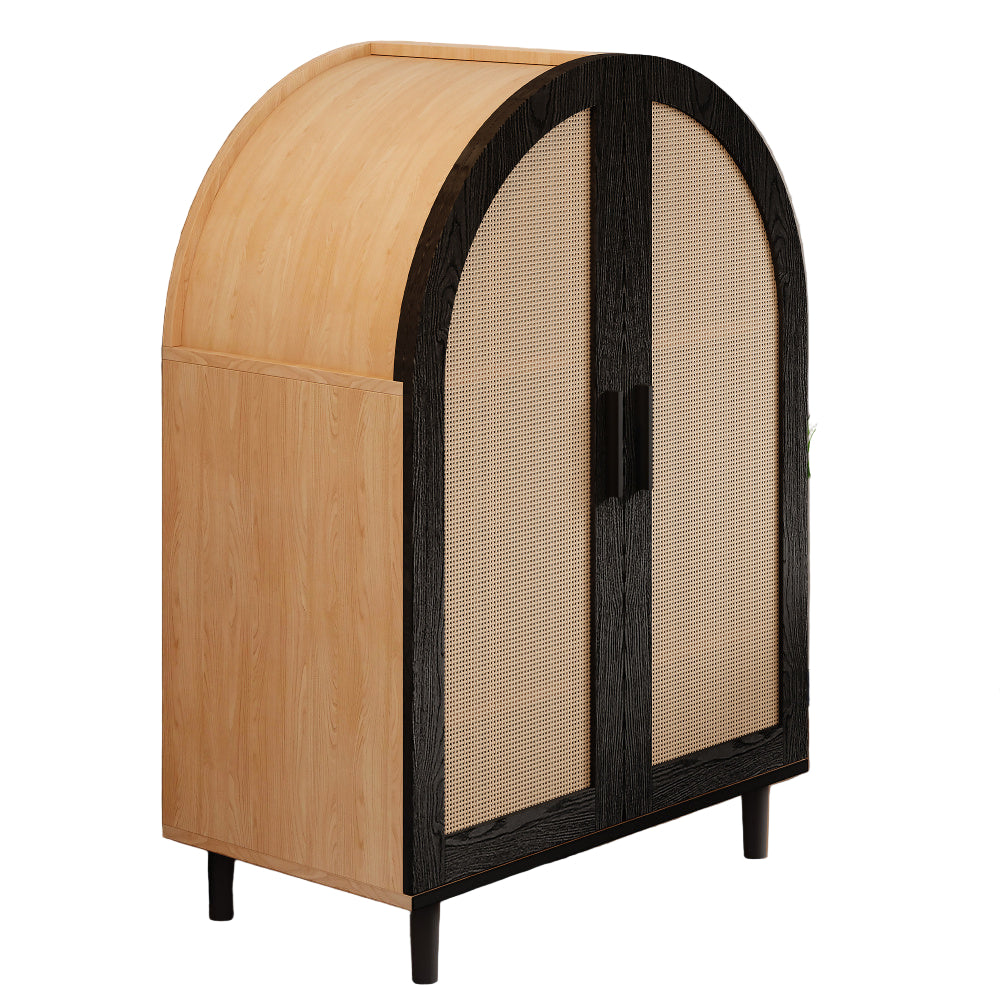 Dressoir – Opbergkast – Ladekast – Buffetkast – Kast – Modern Design – Opengewerkte Rotan Deuren en 3 Planken – Donkerbruin/Zwart MDF Met Hardhouten Frame