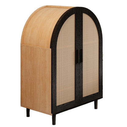 Dressoir – Opbergkast – Ladekast – Buffetkast – Kast – Modern Design – Opengewerkte Rotan Deuren en 3 Planken – Donkerbruin/Zwart MDF Met Hardhouten Frame