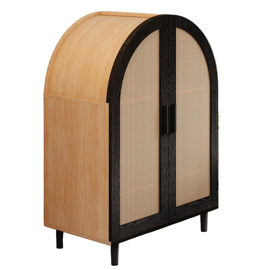 Dressoir – Opbergkast – Ladekast – Buffetkast – Kast – Modern Design – Opengewerkte Rotan Deuren en 3 Planken – Donkerbruin/Zwart MDF Met Hardhouten Frame