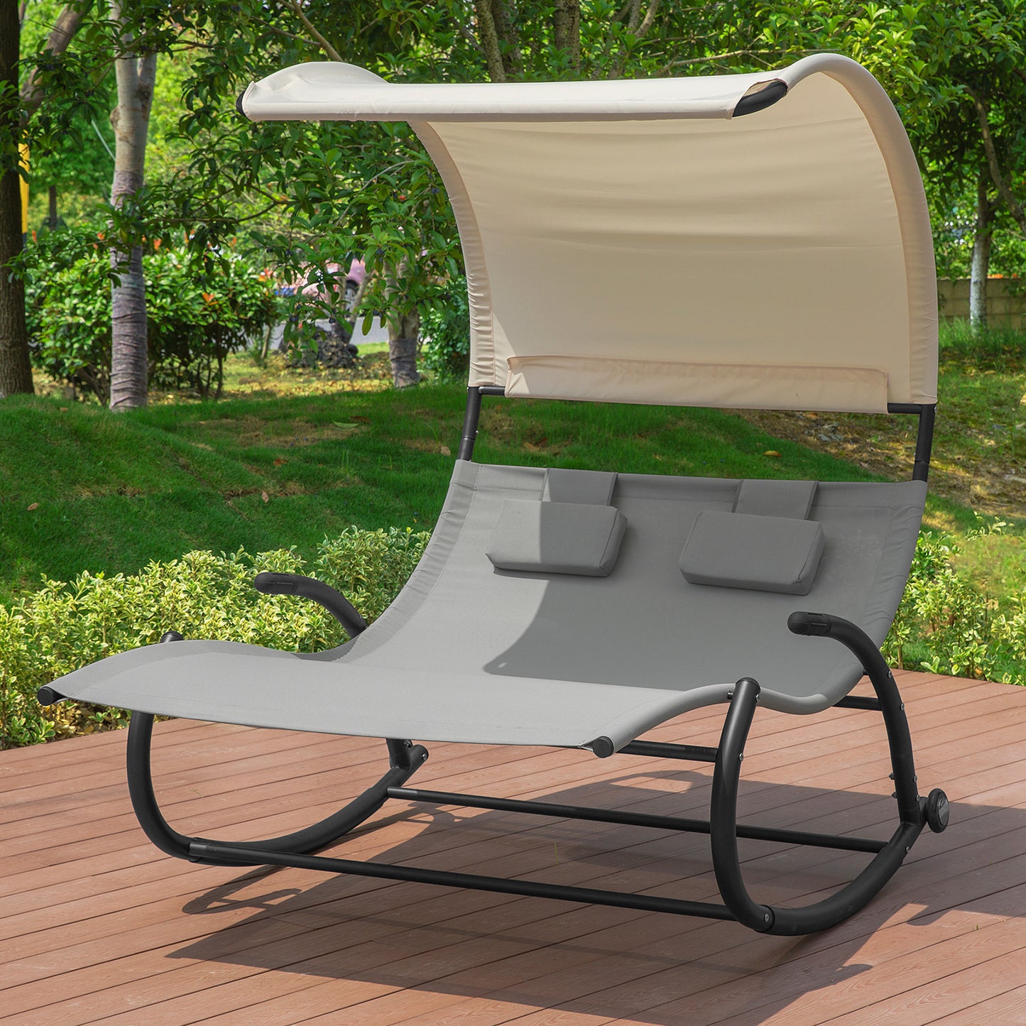 2-Persoons Loungeset – Tuinlounge – Buitenmeubel – Zandstrand Set – Verstelbare Rugleuning – Ingebouwde Parasol – Weerbestendig Metalen Frame