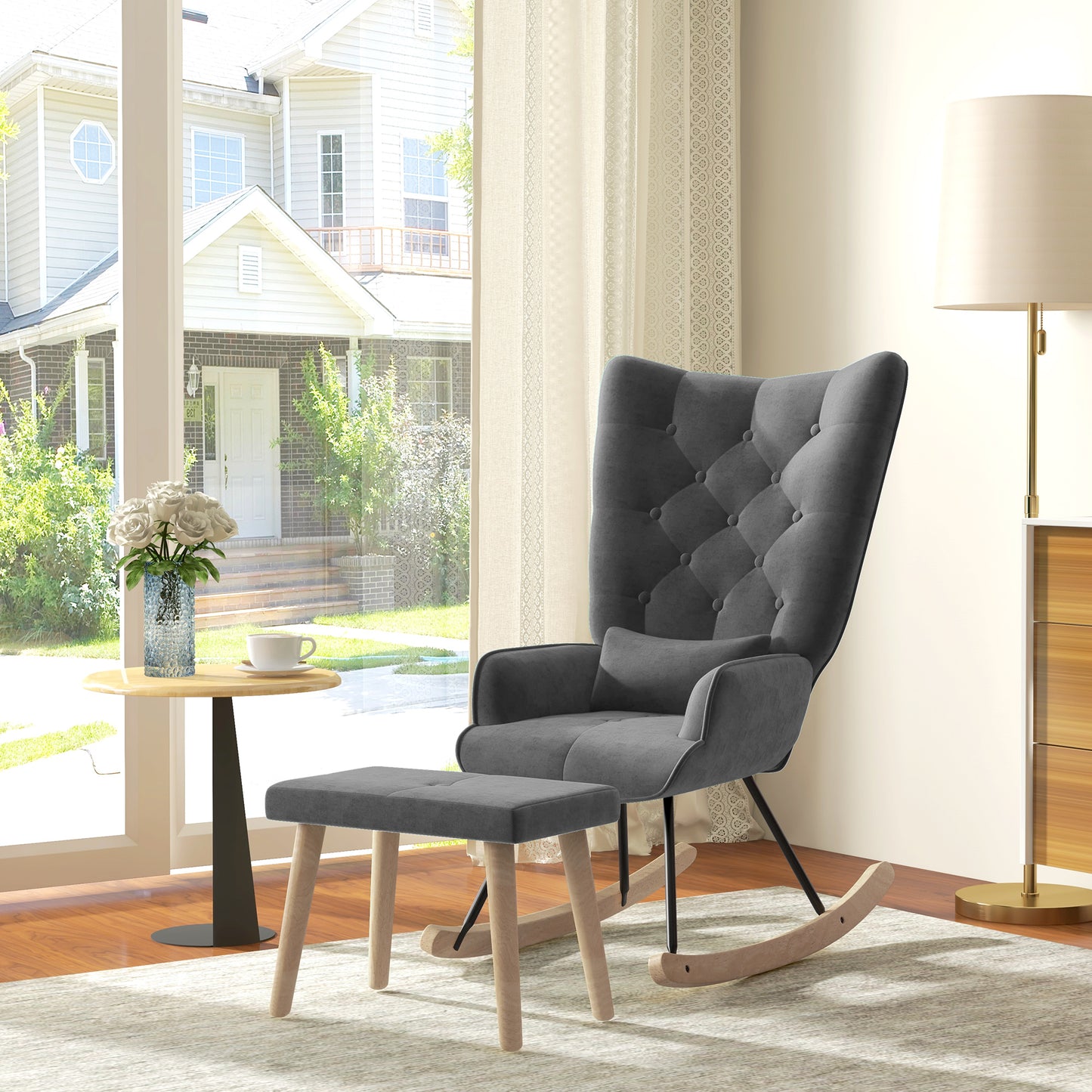 Schommelstoel – Relaxstoel – Fauteuil – Voedingsstoel – Loungestoel – Fluwelen Bekleding – Ergonomisch Design – Houten Poten – 66 x 96 x 101 cm