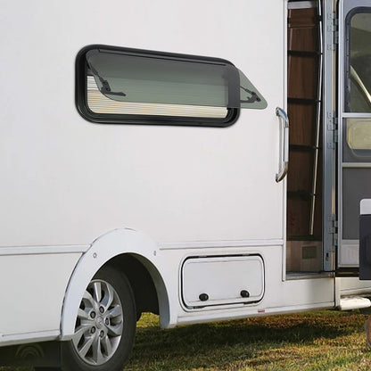 Caravanraam – Camperraam – Uitzetraam – Schuifraam – Zijraam – Aluminium Frame – Zwart Gehard Glas – 85° Verstelbaar – Ventilatieraam 70x30 cm