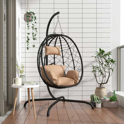 Hangstoel – Hangfauteuil – Schommelstoel – Loungestoel – Tuinstoel – Egg Chair – Taupe Kussen – Weerbestendig Synthetisch Rattan – Stabiel Stalen Frame – Tot 150 kg