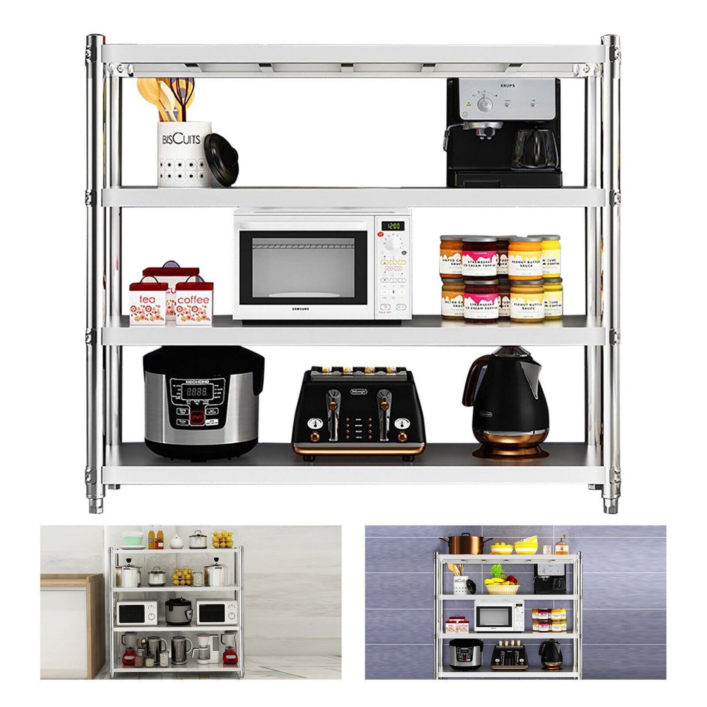 Stalen rek – Opbergrek – Stellingkast – Keukenrek – Magazijnrek – 120x40x150 cm – 4 planken – Roestvrij staal 201 – Extra stevig en duurzaam