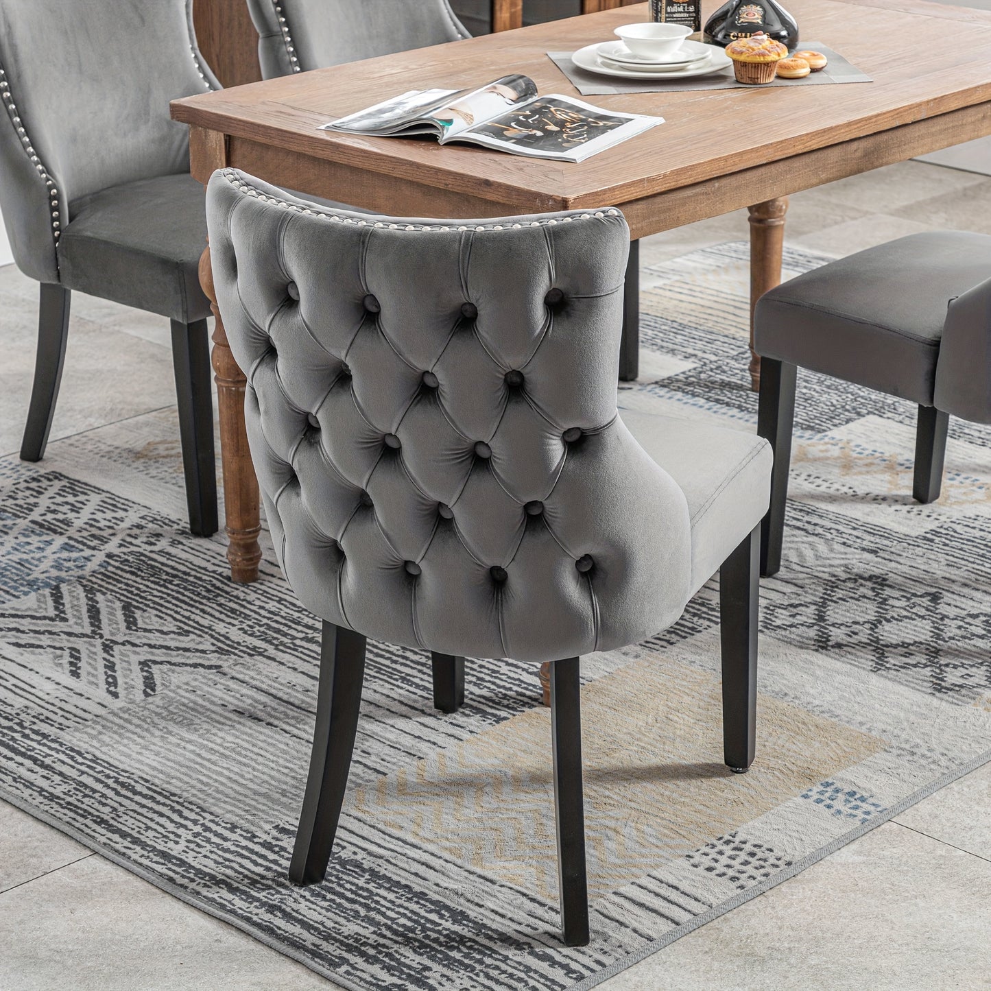 Dining Chair, Four-Legged Chair, Grey Velvet Dining Chair with Button Stitching for Absolute Comfort, Grey, Two Pieces, 50*45*91 Cm